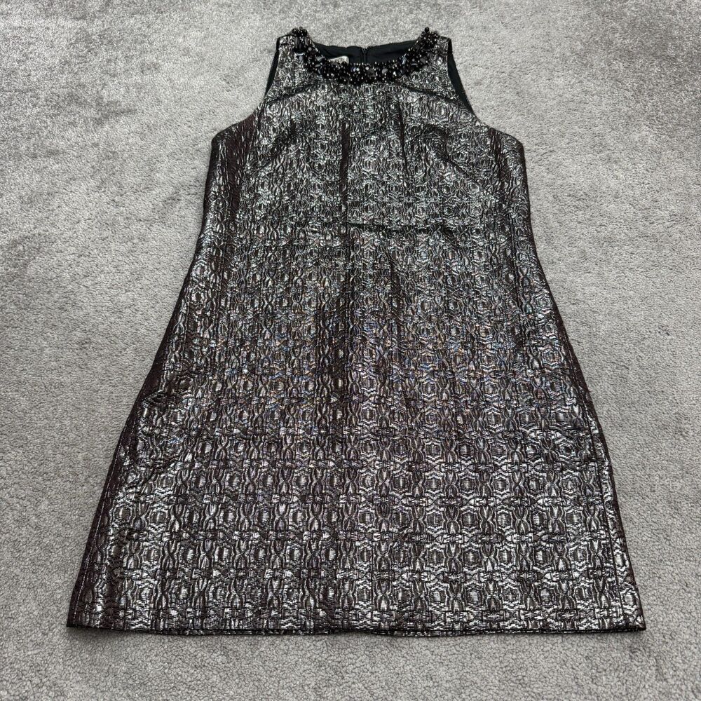 Maggy London Metallic Brocade Beaded Shift Dress Women 8 Silver Sleeveless Lined